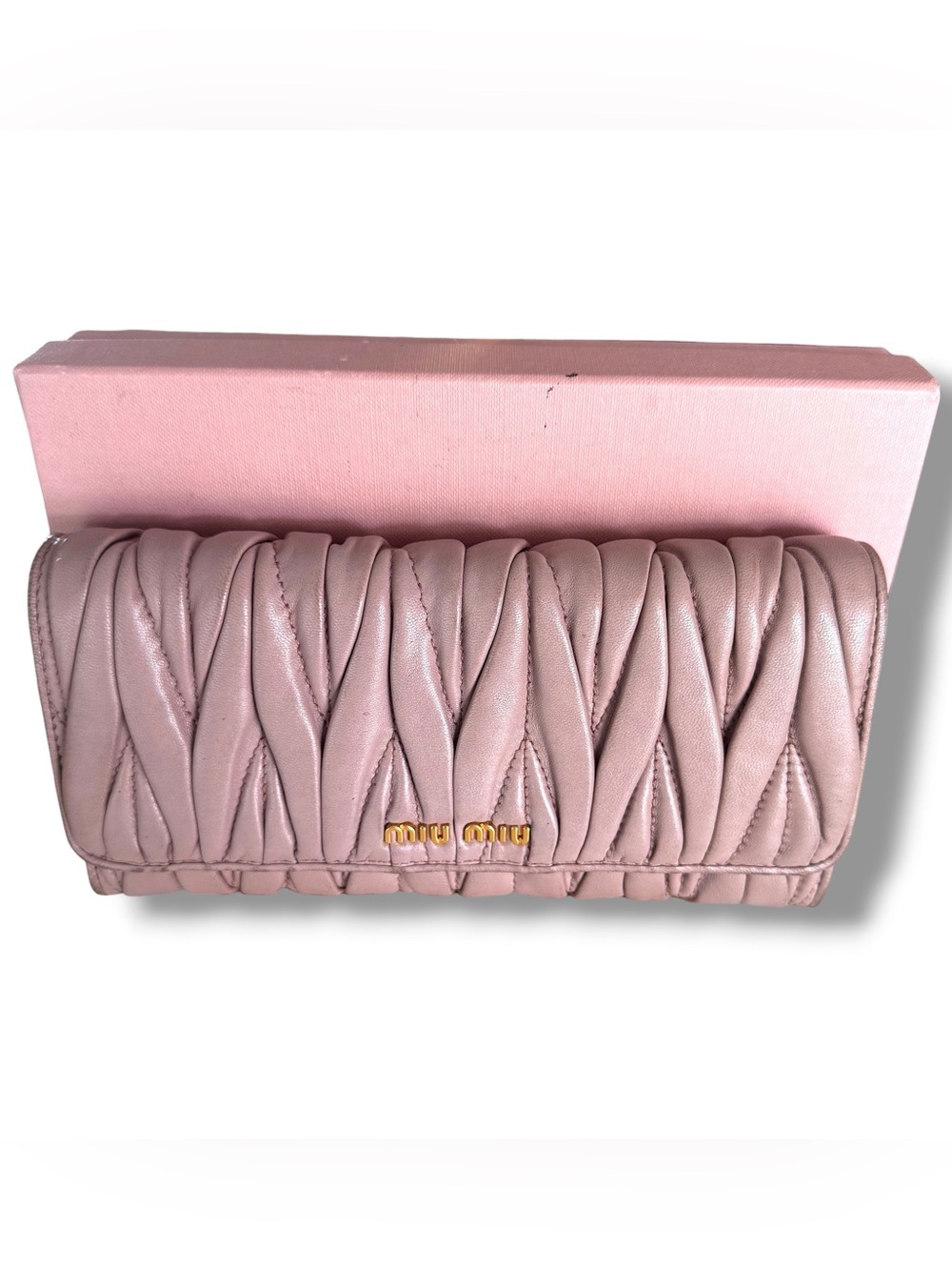 Miu Miu Matelasse Continental Long Wallet Cammeo GHW w/ Box + COA Authenticated